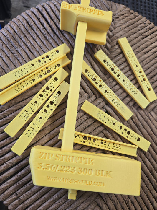 Yellow Zip strippie speed loader .223 5.56 with 10 zippie speed strips